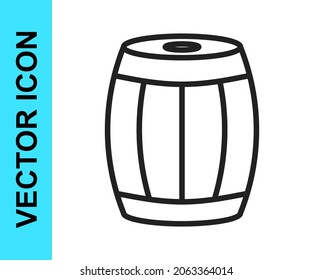 Black line Wooden barrel icon isolated on white background. Alcohol barrel, drink container, wooden keg for beer, whiskey, wine.  Vector