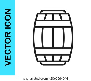 Black line Wooden barrel icon isolated on white background. Alcohol barrel, drink container, wooden keg for beer, whiskey, wine.  Vector