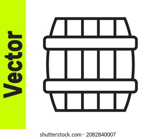 Black line Wooden barrel icon isolated on white background. Alcohol barrel, drink container, wooden keg for beer, whiskey, wine.  Vector