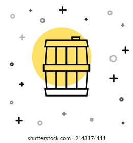 Black line Wooden barrel icon isolated on white background. Alcohol barrel, drink container, wooden keg for beer, whiskey, wine. Random dynamic shapes. Vector