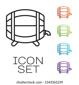 Black line Wooden barrel on rack with stopcock icon isolated on white background. Set icons colorful. Vector Illustration