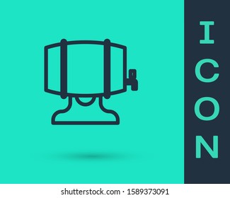 Black line Wooden barrel on rack with stopcock icon isolated on green background.  Vector Illustration