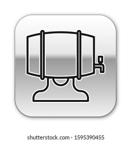 Black line Wooden barrel on rack with stopcock icon isolated on white background. Silver square button. Vector Illustration
