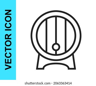 Black line Wooden barrel on rack with stopcock icon isolated on white background.  Vector