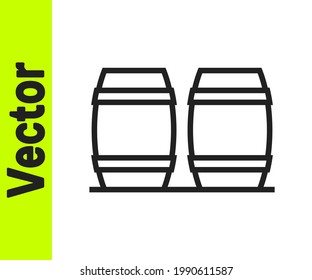 Black line Wooden barrel for wine icon isolated on white background.  Vector