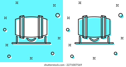 Black line Wooden barrel for wine icon isolated on green and white background. Random dynamic shapes. Vector