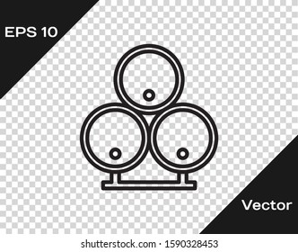 Black line Wooden barrels icon isolated on transparent background. Alcohol barrel, drink container, wooden keg for beer, whiskey, wine.  Vector Illustration