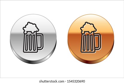 Black line Wooden beer mug icon isolated on white background. Silver-gold circle button. Vector Illustration