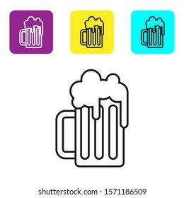 Black line Wooden beer mug icon isolated on white background. Set icons colorful square buttons. Vector Illustration