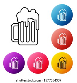Black line Wooden beer mug icon isolated on white background. Set icons colorful circle buttons. Vector Illustration