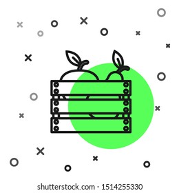 Black line Wooden box for fruits and vegetables icon isolated on white background.  Vector Illustration