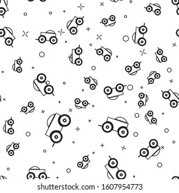 Black line Wooden four-wheel cart with hay icon isolated seamless pattern on white background.  Vector Illustration