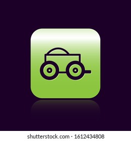 Black line Wooden four-wheel cart with hay icon isolated on black background. Green square button. Vector Illustration