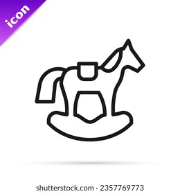 Black line Wooden horse in saddle swing for little children icon isolated on white background.  Vector