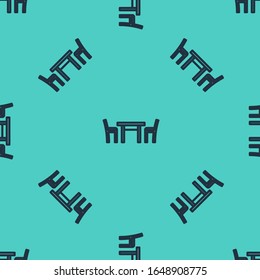 Black line Wooden table with chair icon isolated seamless pattern on green background.  Vector Illustration