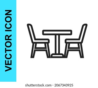Black line Wooden table with chair icon isolated on white background.  Vector