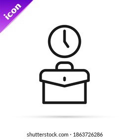 Black line Work time icon isolated on white background. Office worker. Working hours. Business briefcase.  Vector