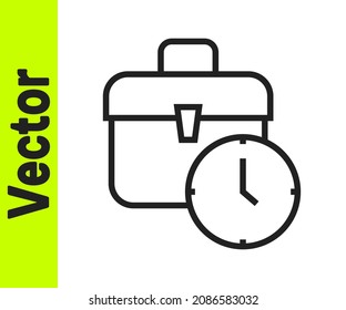 Icono de tiempo de trabajo de línea negra aislado en fondo blanco. Trabajador de oficina. Horas de trabajo. Maletín de negocios.  Vector