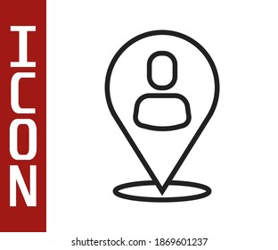 Icono de ubicación del trabajador de línea negra aislado en fondo blanco.  Vector