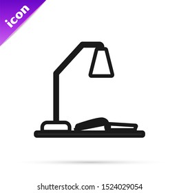 Black line Workplace with table lamp and open book icon isolated on white background. Table office lamp.  Vector Illustration