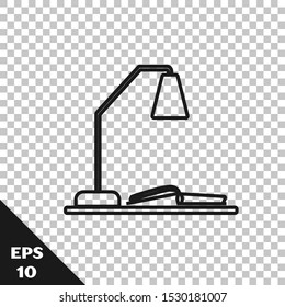 Black line Workplace with table lamp and open book icon isolated on transparent background. Table office lamp.  Vector Illustration