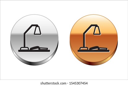 Black line Workplace with table lamp and open book icon isolated on white background. Table office lamp. Silver-gold circle button. Vector Illustration