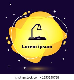 Black line Workplace with table lamp and open book icon isolated on dark blue background. Table office lamp. Abstract banner with liquid shapes. Vector Illustration