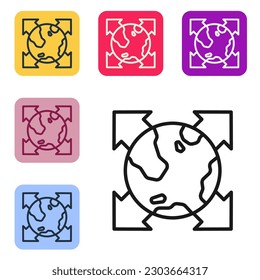 Black line World globe with compass icon isolated on white background. Set icons in color square buttons. Vector