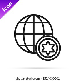 Black line World Globe and Israel icon isolated on white background.  Vector Illustration