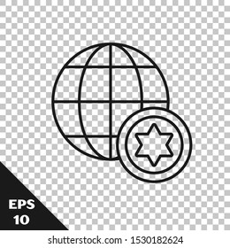 Black line World Globe and Israel icon isolated on transparent background.  Vector Illustration