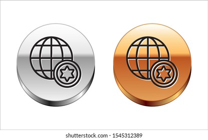 Black line World Globe and Israel icon isolated on white background. Silver-gold circle button. Vector Illustration
