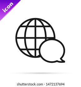 Black line World map made from speech bubble icon isolated on white background. Global communication scheme on Earth.  Vector Illustration