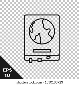 Black line World map on a school blackboard icon isolated on transparent background. Drawing of map on chalkboard.  Vector Illustration