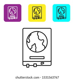 Black line World map on a school blackboard icon isolated on white background. Drawing of map on chalkboard. Set icons colorful square buttons. Vector Illustration