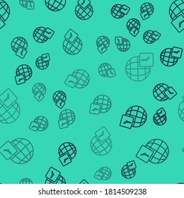 Black line World time icon isolated seamless pattern on green background. Clock and globe. Vector.