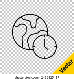 Black line World time icon isolated on transparent background.  Vector