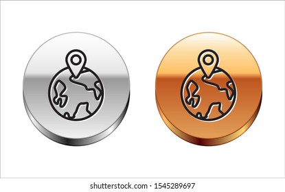 Black line Worldwide icon isolated on white background. Pin on globe. Silver-gold circle button. Vector Illustration