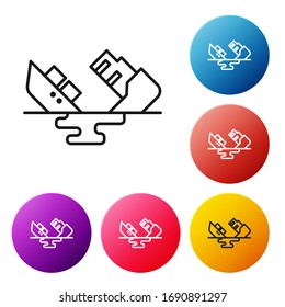 Black line Wrecked oil tanker ship icon isolated on white background. Oil spill accident. Crash tanker. Pollution Environment concept. Set icons colorful circle buttons. Vector Illustration