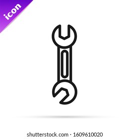 Black line Wrench icon isolated on white background. Spanner icon.  Vector Illustration