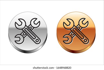 Black line Wrench icon isolated on white background. Spanner icon. Silver-gold circle button. Vector Illustration