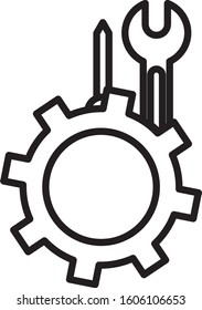 Black line Wrench and screwdriver in gear icon isolated on white background. Adjusting, service, setting, maintenance, repair, fixing.  Vector Illustration