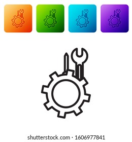 Black line Wrench and screwdriver in gear icon isolated on white background. Adjusting, service, setting, maintenance, repair, fixing. Set icons in color square buttons. Vector Illustration