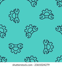 Black line Wrench spanner and gear icon isolated seamless pattern on green background. Adjusting, service, setting, maintenance, repair, fixing.  Vector Illustration