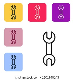 Black line Wrench spanner icon isolated on white background. Set icons in color square buttons. Vector Illustration