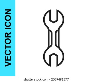 Icono de la llave inglesa de la línea negra aislado en fondo blanco. Herramienta de reparación del distribuidor. Símbolo de herramienta de servicio.  Vector