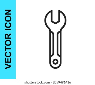 Icono de la llave inglesa de la línea negra aislado en fondo blanco. Herramienta de reparación del distribuidor. Símbolo de herramienta de servicio.  Vector