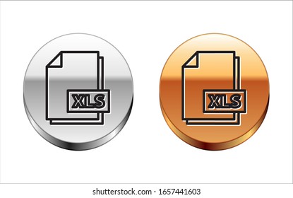 Documento de archivo XLS de línea negra. Descargar icono del botón xls aislado en fondo blanco. Símbolo de archivo de Excel. Botón del círculo dorado plateado.  Ilustración vectorial