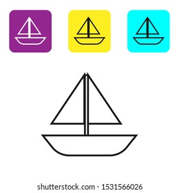 Black line Yacht sailboat or sailing ship icon isolated on white background. Sail boat marine cruise travel. Set icons colorful square buttons. Vector Illustration