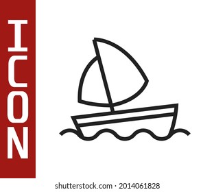 Black line Yacht sailboat or sailing ship icon isolated on white background. Sail boat marine cruise travel.  Vector