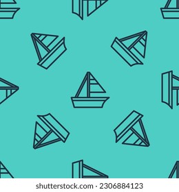 Black line Yacht sailboat or sailing ship icon isolated seamless pattern on green background. Sail boat marine cruise travel.  Vector